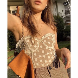 Majorelle Wyn Sheer Polka Dot Bustier Bodysuit M Strapless Mesh Corset Boned